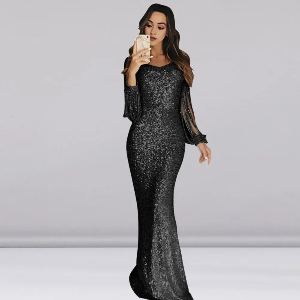 

V Neck Maxi Dress Elegant Sequin Fishtail Evening Dress with Tassel Sleeves V Neck Sheath Maxi Dress for Women for Cocktail