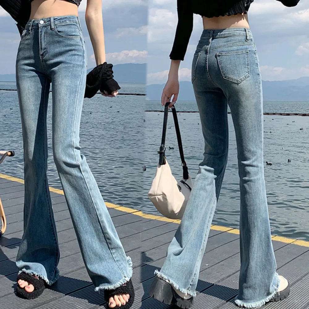 Görünmez açık kasık açık seks elastik yüksek belli alevlendi kot Slim Fit kadın Retro mikro alevlendi pantolon