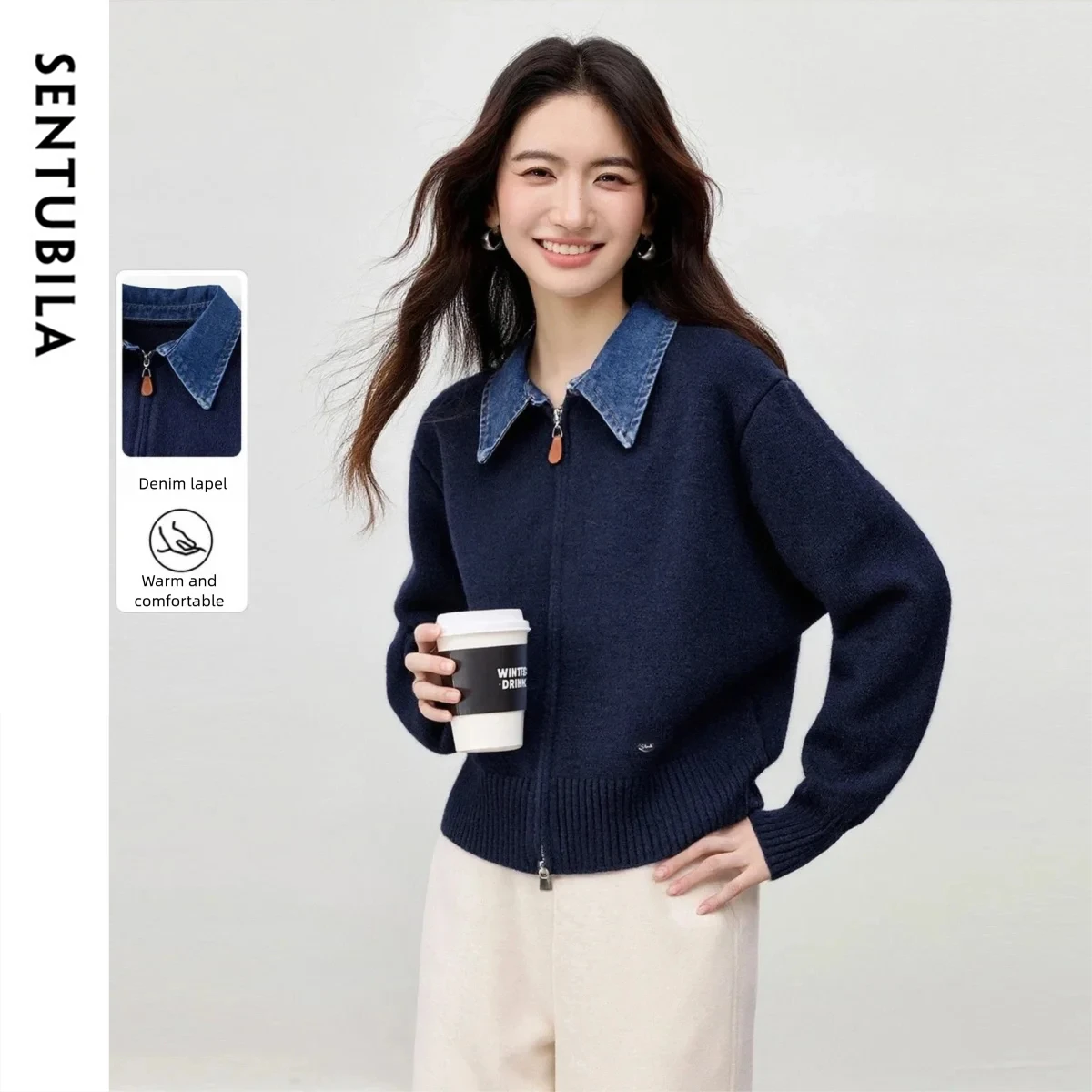 

SENTUBILA Women's Sweater 2025 Winter Fake Two Pieces Denim Lapel Collar Contrast Cardigan Loose Casual Lady Knitwear W54EB5986
