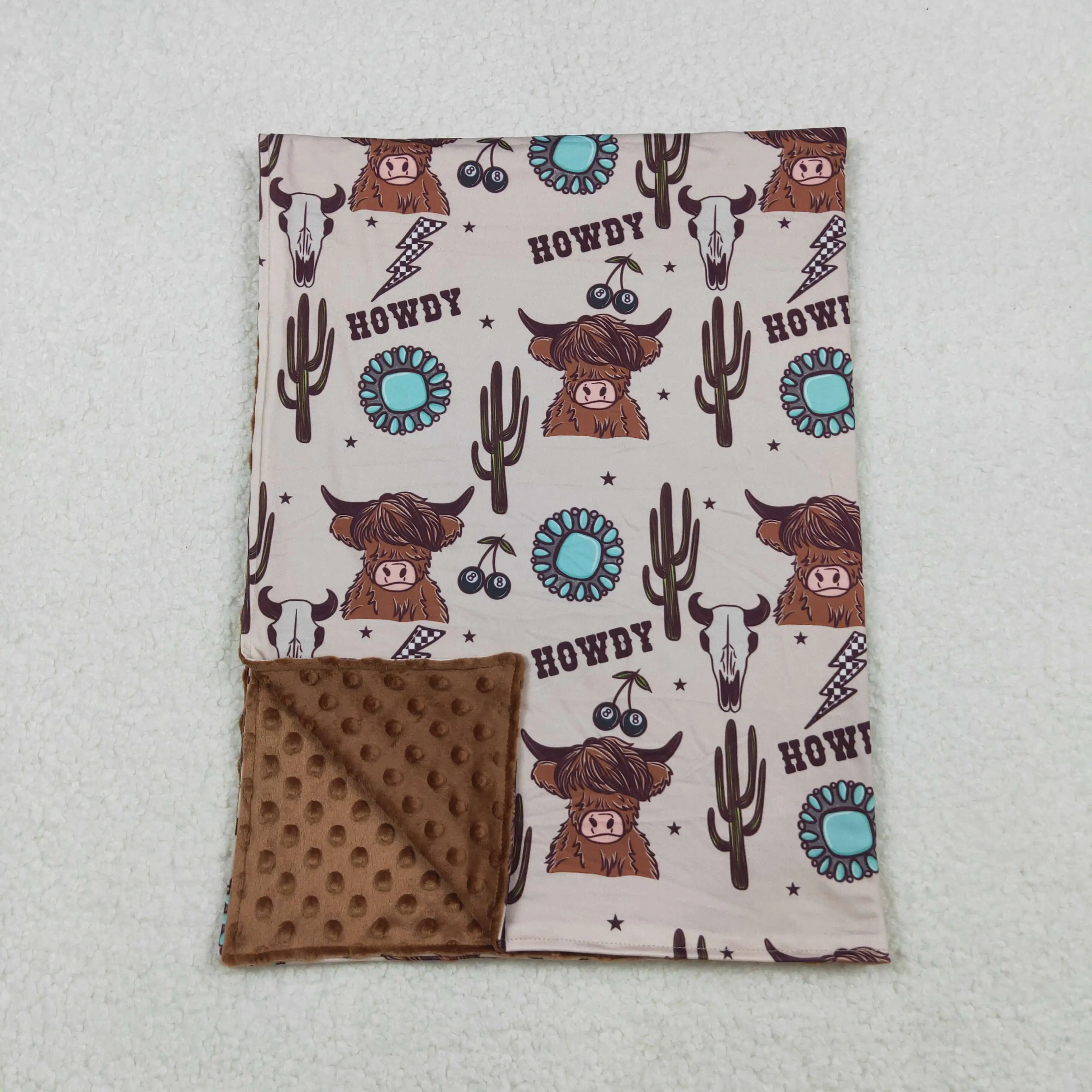 

X10.14 Wholesale winter children girls western style howdy cactus alpine bull head pattern brown baby blanket