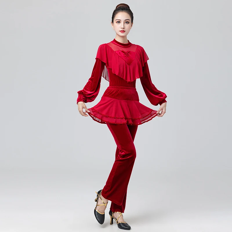 Mom Golden Velvet Square Dance Costume Women Ballroom Dance Costume Women Practice Dancewear Two-piece Stage Performance Clothes