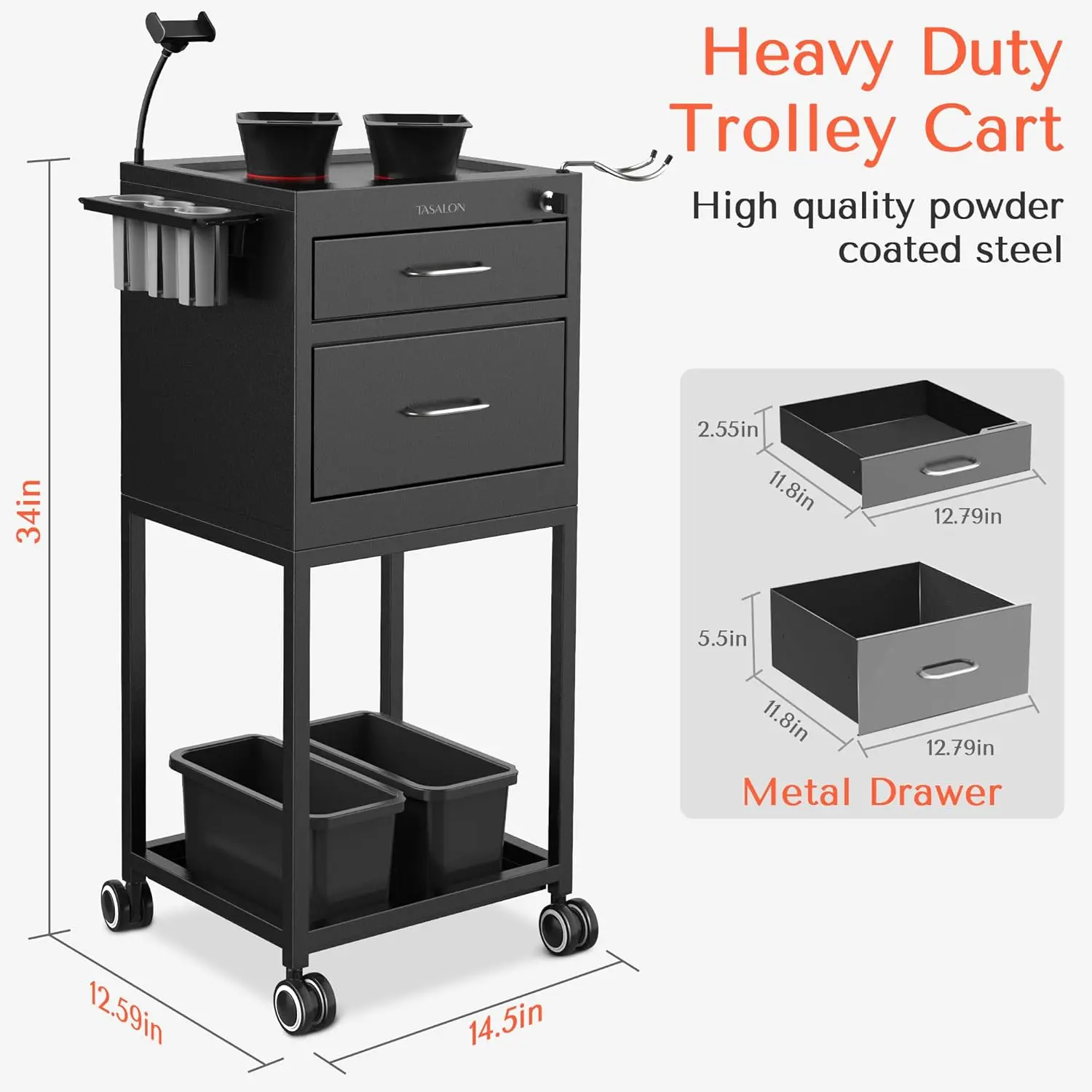 New Upgrade Salon Metal Trolley Cart for Salon Station - Space Saving Salon Rolling Cart with 2 Magnetic Bowls– Beauty C