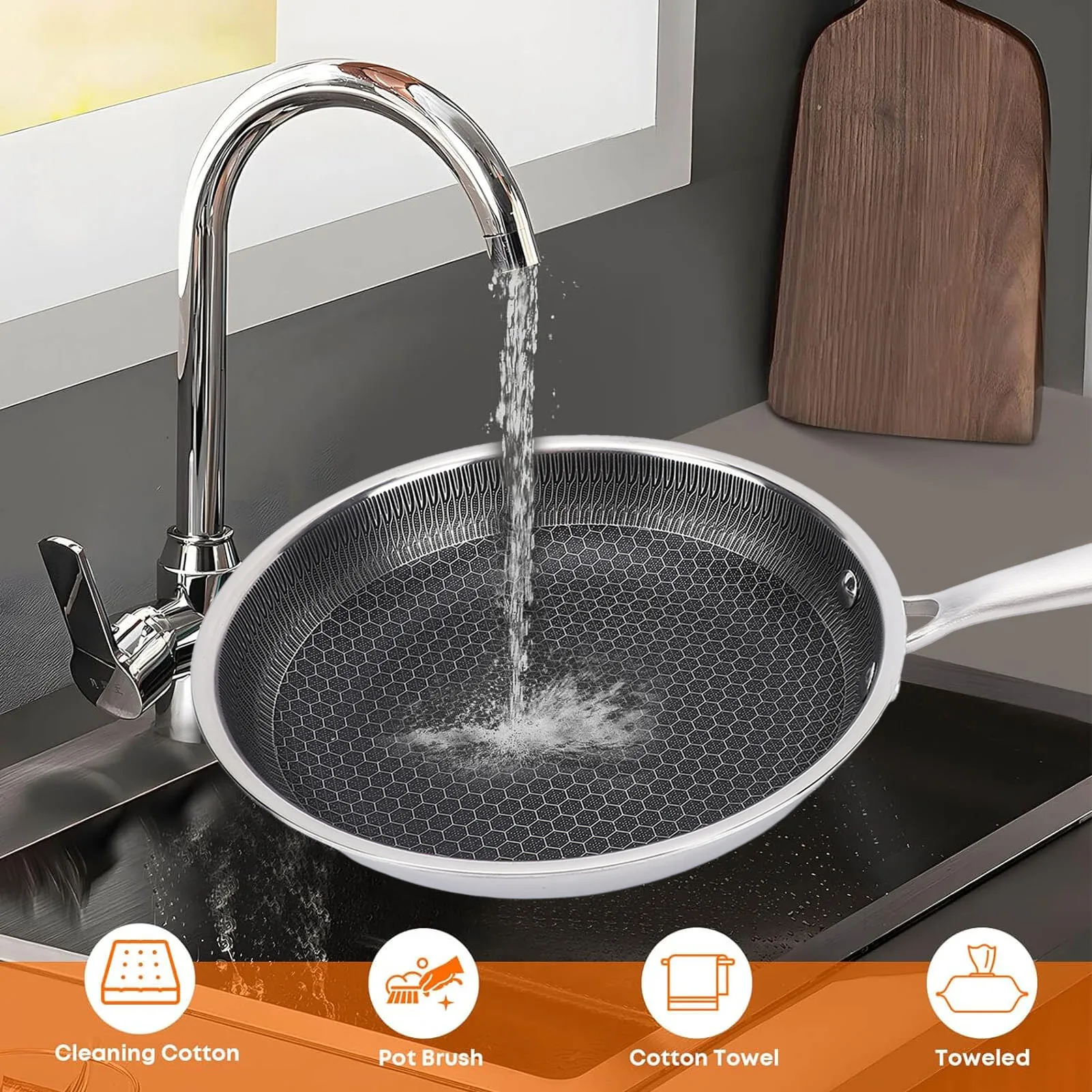 316 Stainless Steel Fry Pan Honeycomb Rustproof Frying Pan Skillet Dishwasher Safe Fast Even Heating Large Capacity for Kitchen