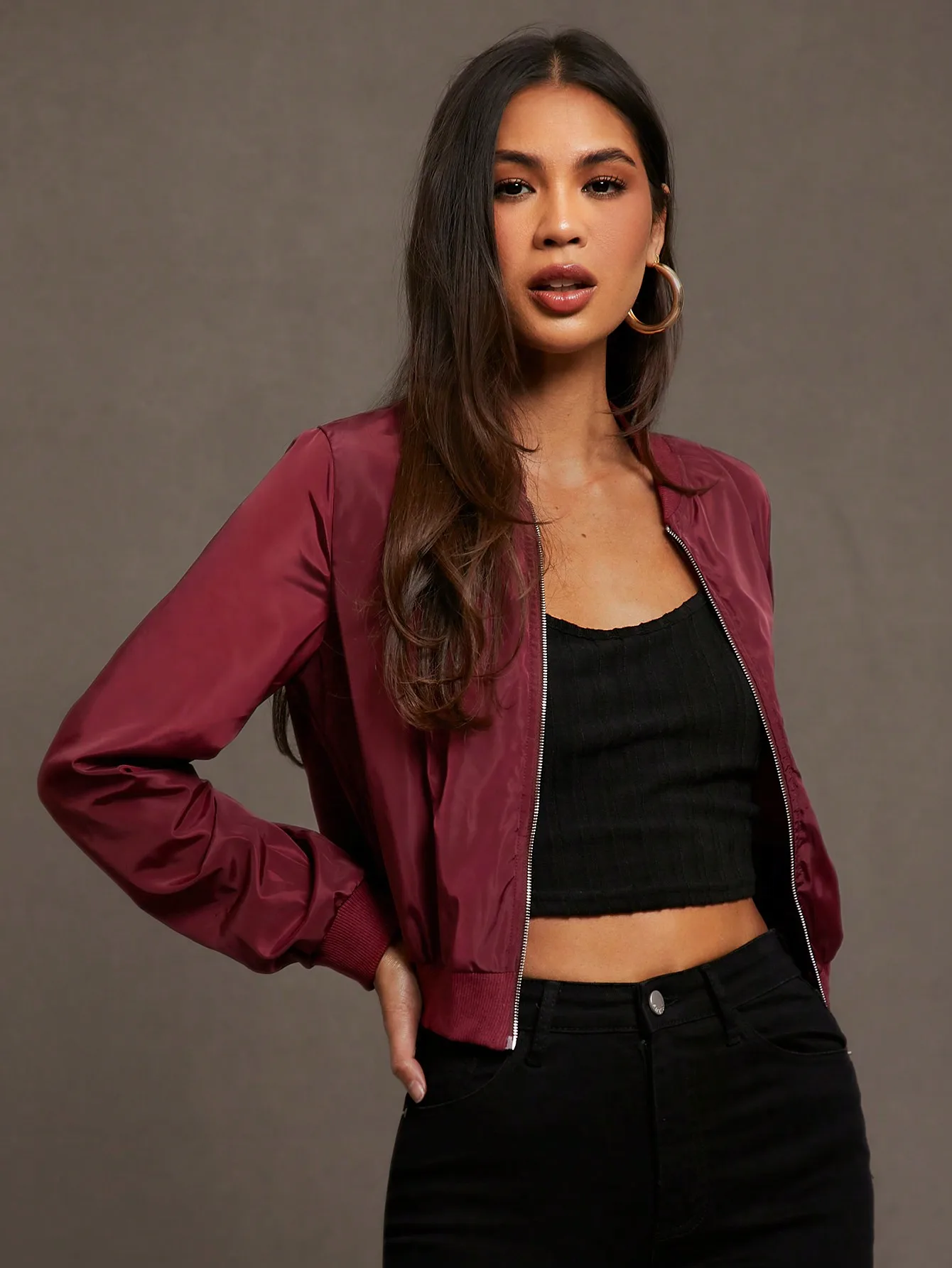 여성용 버건디 지퍼업 봄버 재킷, 캐주얼 가을/겨울 스타일, 리브드 커프스 & 헴