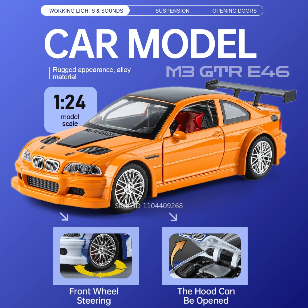 

Модель гоночного автомобиля BMW M3 GTR E46 в масштабе 1:24, литой корпус, резиновые шины, музыка и свет, открывающиеся двери, коллекционная игрушка