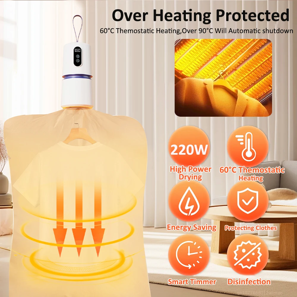 مجفف ملابس محمول، مجفف قماش كهربائي صغير قابل للطي للملابس الخفيفة، ملابس داخلية، مؤقت ملابس الأطفال، مجفف قماش للسفر