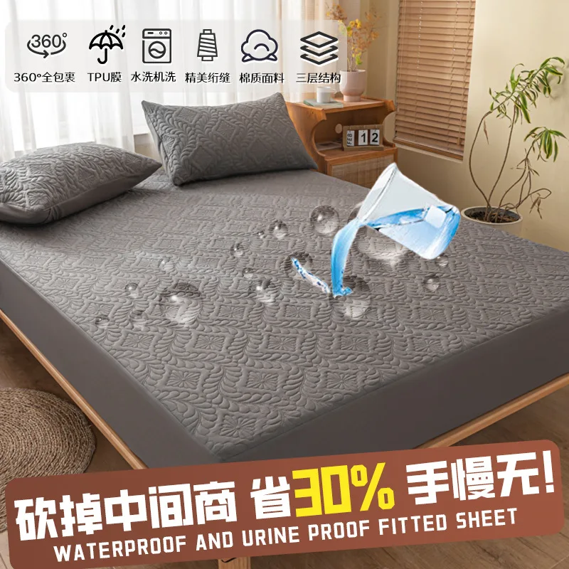 

Waterproof Solid Color Fitted Sheet Only(with Pillowcase) Elastic Band Around Mattress Cover King Size Bed Cover Bed Sheet