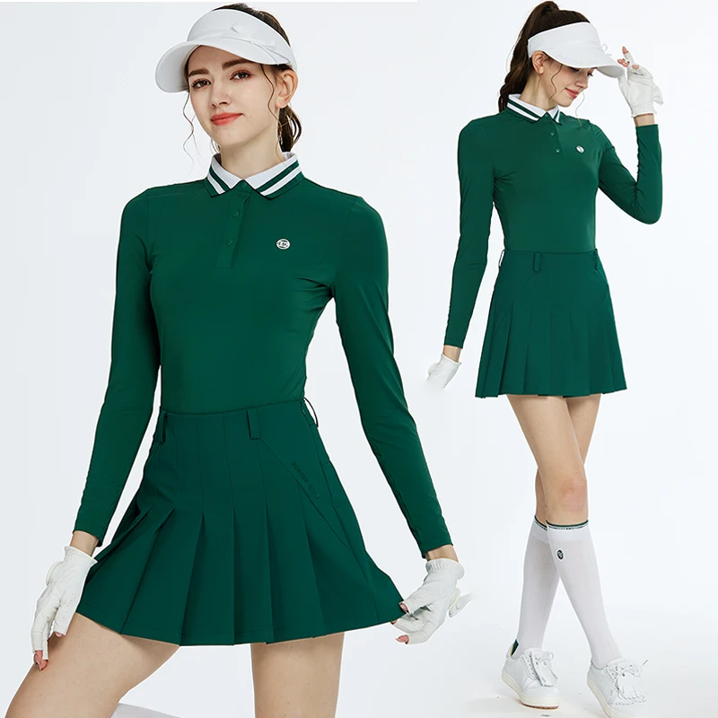 

Blktee Autumn New Golf Polo Shirts Long-sleeved Solid T-shirt Sports Tops Spring High Waist Golf Skorts Pleated Skirt with Short