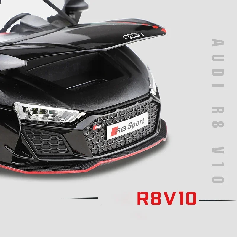 รถของเล่น R8 V10 Plus อัลลอยด์หล่อขึ้นรูป ขนาด 1:24 พร้อมพวงมาลัย ล้อเลื่อน เสียงและไฟ ของสะสม ของขวัญวันเกิด
