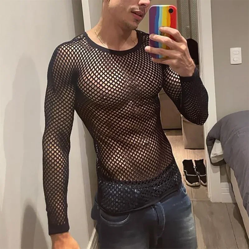 

2024 Men's See-through Mesh T-shirt O Collar Long Sleeve Fashion Sexy Streetwear Party Nightclub T-shirt Men's S-5XL