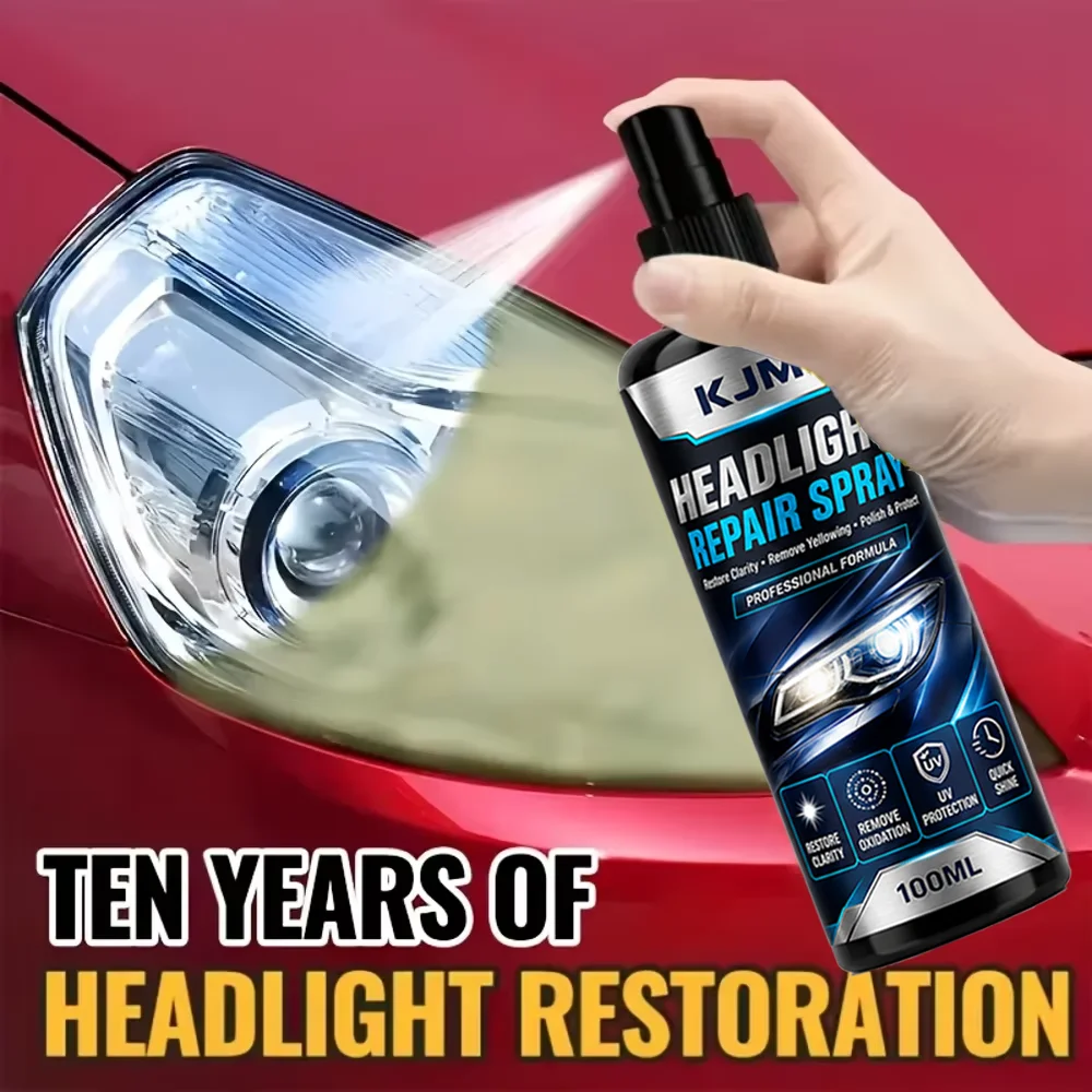 KJM Headlight Repair Spray 100ml Car Lens Restoration Polish Cleaner Removes Yellowing Oxidation With Sponge For Auto Lamps