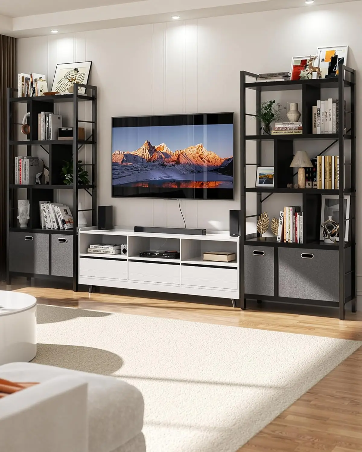 Современная книжная полка с 5 полками и ящиками для хранения — высокая подставка для книг и декора