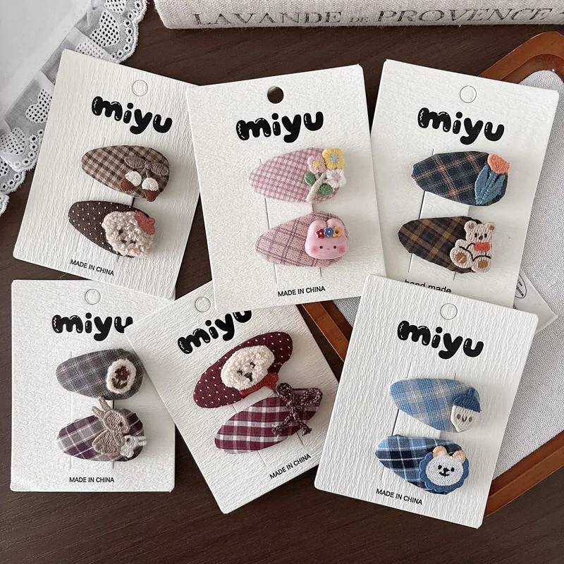 2PC Baby Girls Vintage Plaid Dot Snap Hair Clips Cartoon Dog Bunny Bear Fabric Sweet Decorative Style Kids Floral Hairpins