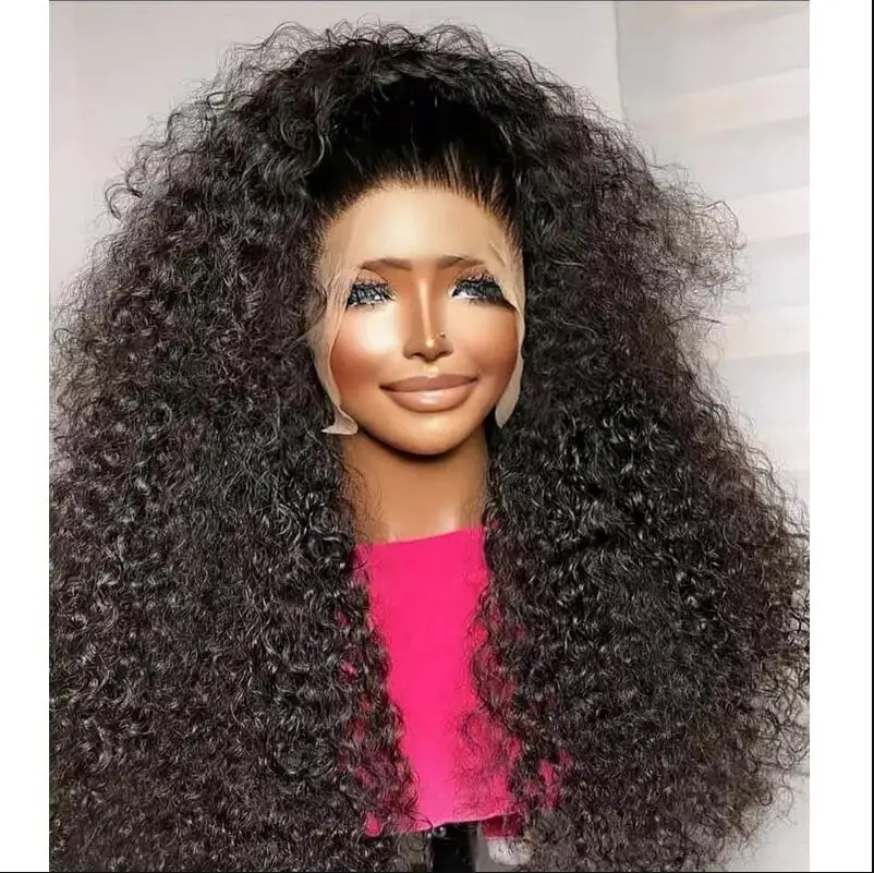 

Soft Preplucked Glueless 26Inch Long Natural Black Kinky Curly 180Density Deep Lace Front Wig For African Women Babyhair Daily