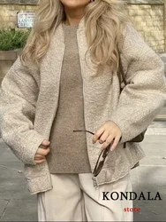 KONDALA Vintage Casual Chic Solid Jacket Women O-Neck Zippers Long Sleeve Loose Coats Fashion 2023  Autumn Winter Jackets