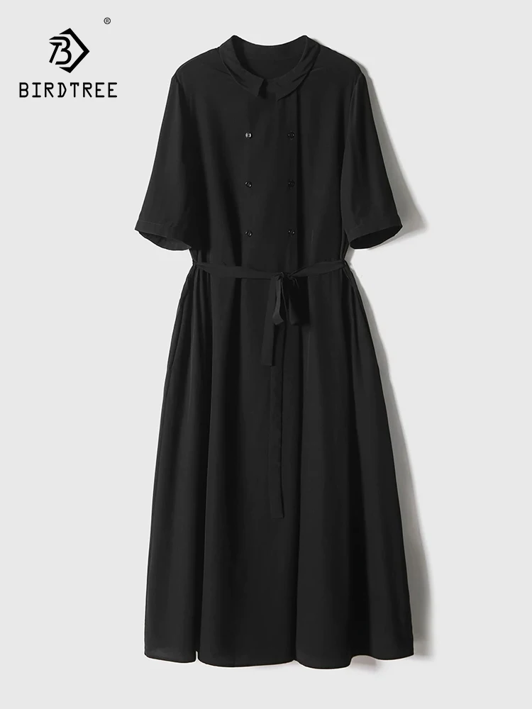 BirdTree-18MM 100%Real Silk Double Crepe Elegant Dress, Lapel Buttons Solid, Women Temperament Dresses, 2026 Spring New D63413CC