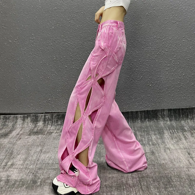 Side Cutout Womens Jeans High Waisted Wide Leg Denim Pants Long Draped Silhouette and Loose Fit for Summer Street Outfits