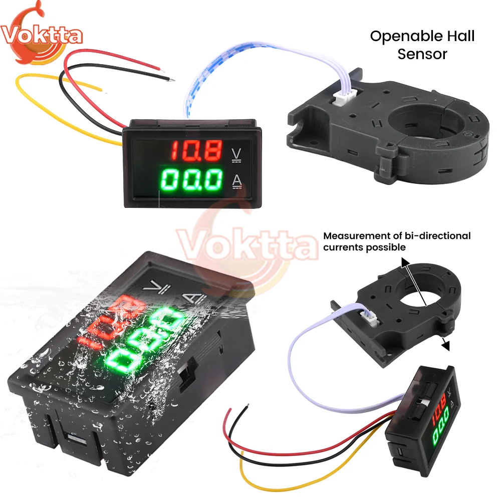 

DC0-300V LED Display Hall Voltmeter Ammeter Dual Digital Current Voltage Tester with Opening Hall Sensor 50A/100A/200A/400A