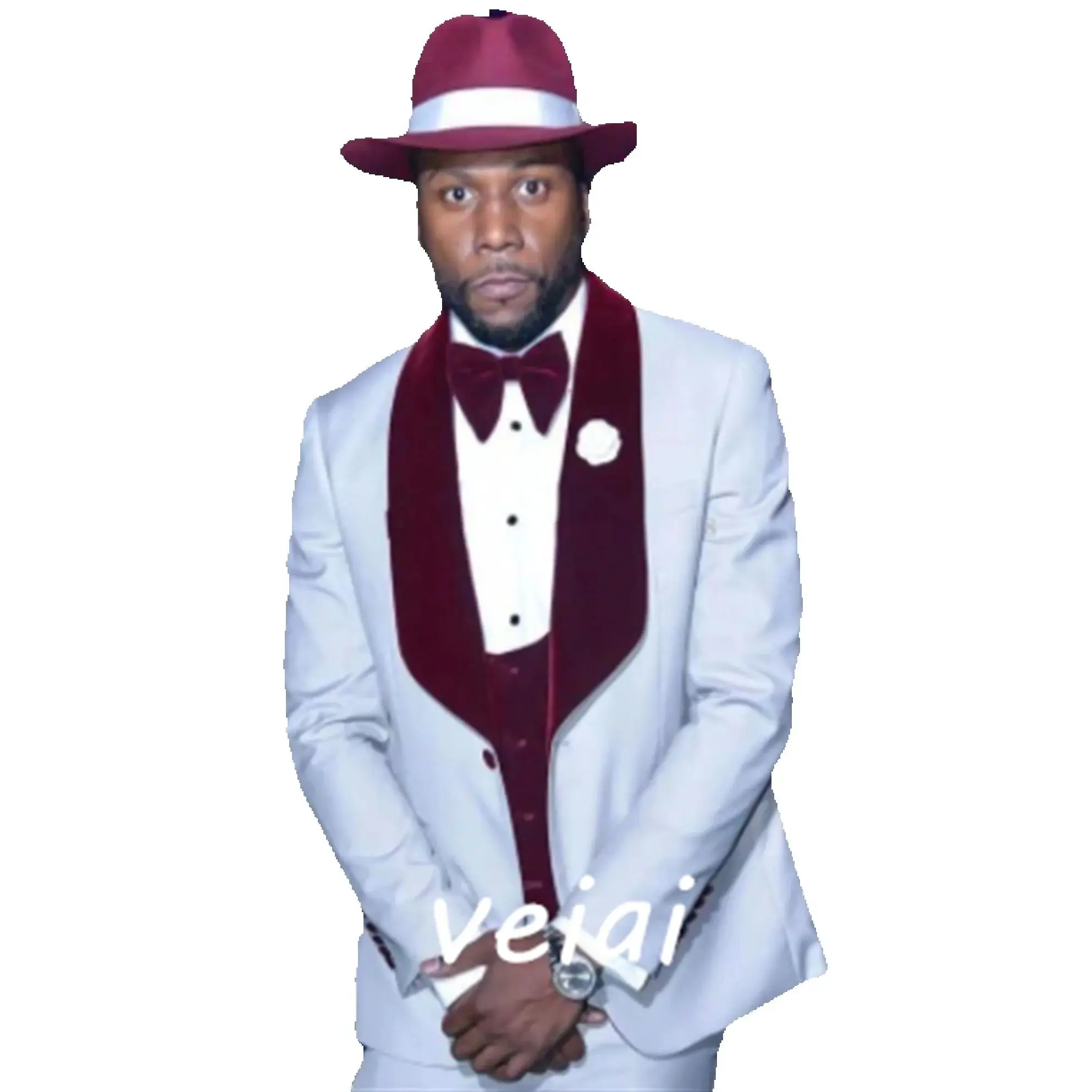 

CustomizedSlim Fit Prom Men Suits with Burgundy Velvet Shawl Lapel Groom Tuxedoes for Wedding Party White Blazer 3 Pcs (Jacket+P