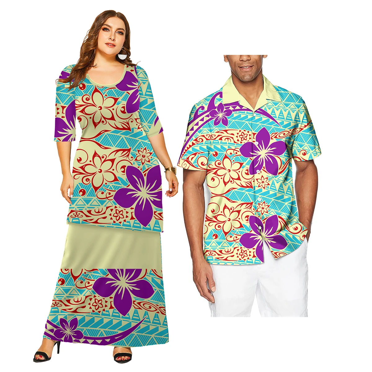 New Arrivals Men and Women Couple Outfits Women Tight Maxi Long Dresses Men\'s and Women\'s Shirts Hawaii Polynesian Tribal Style