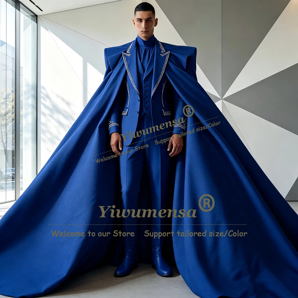 Exclusive 4 Piece Sets Suit Men For Wedding Beadwork Stone Jacket Vest Pants With Cape Long Customized Groom Tuxedo Male Outfits