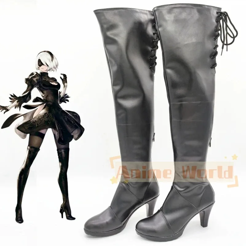 NieR: Automata 2B YoRHa No.2 Type B Черные туфли Сапоги для косплея Карнавальные ботинки на Хэллоуин на заказ