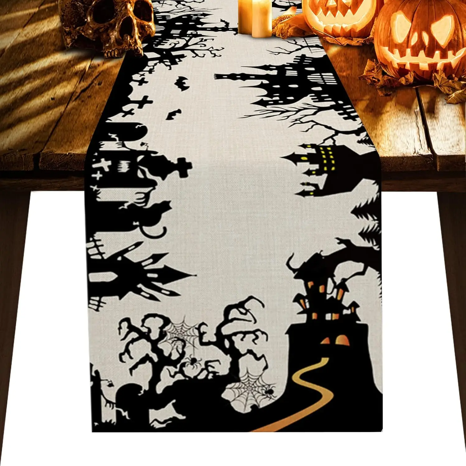 Halloween Scary Haunted Castle Tree Linen Table Runner Resser Scarves Reusable Kitchen Dining Table Runner Halloween Decorations