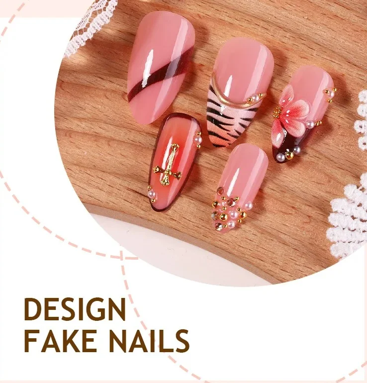 

24PCS 3D Gilded Leopard Flowers Fake Nails with Almond Hand Set Diamond False Nails High End French Sweet Spicy Press on Nails