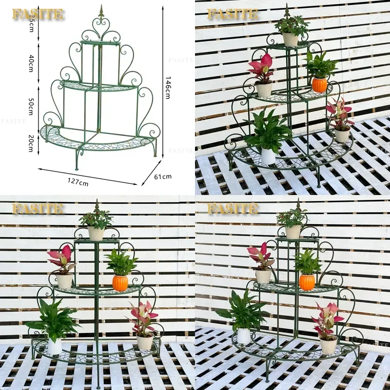 For Retro Wrought Iron Three Layer Semi Round Flower Stand Indoor Outdoor Garden Balcony Courtyard Plant Pot Rack Storage
