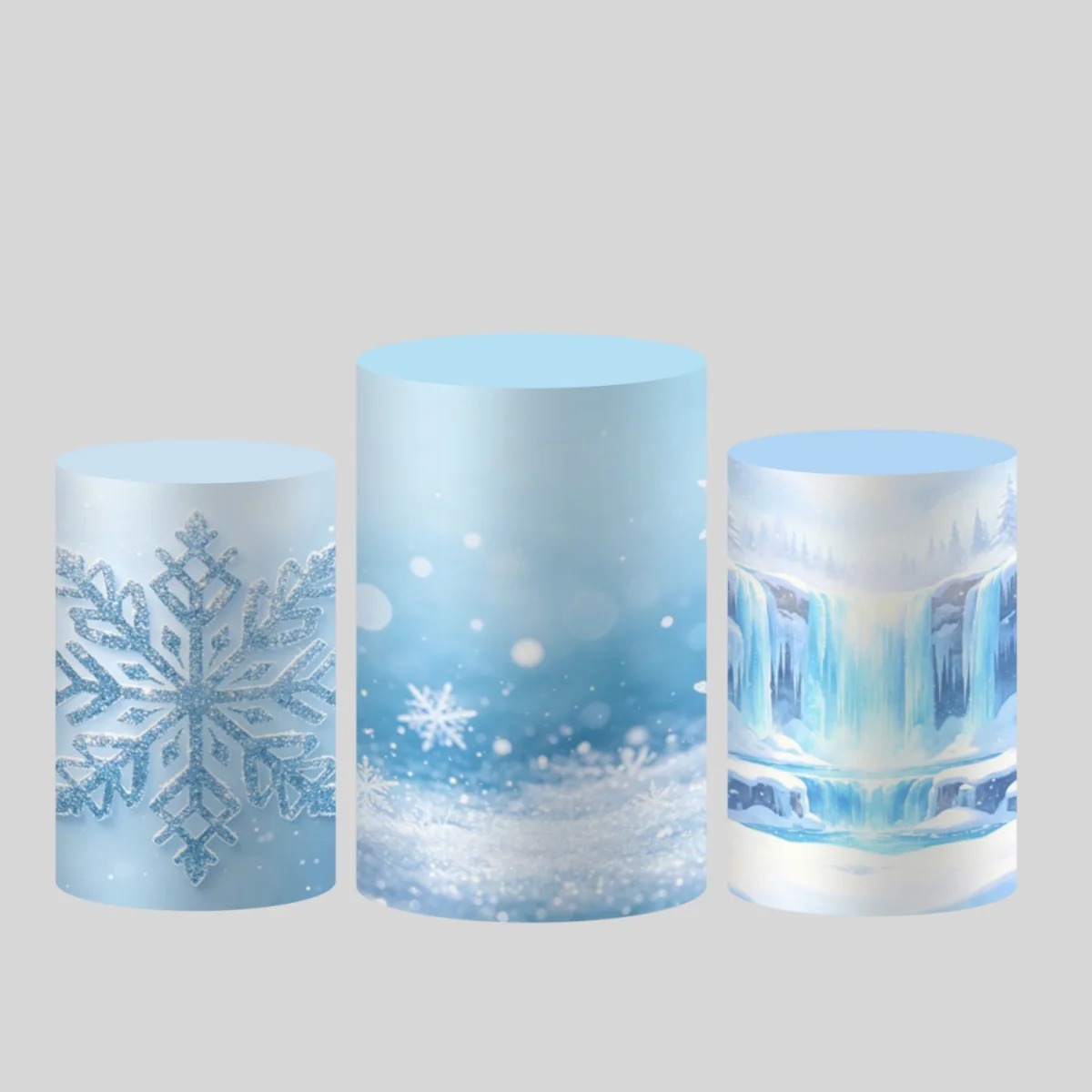 Winter Themed Cylinder Cover Backdrop Snowflake Ice Waterfall Photography Studio Kids Birthday Party Decoration Plinth Covers