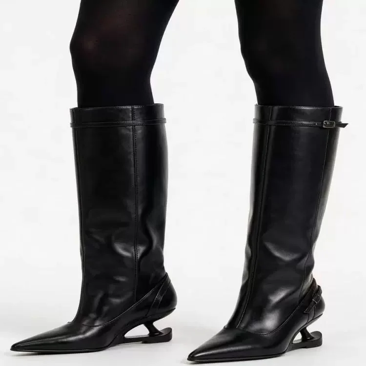 Women Black Knee High Boots Pointed Sharp Toe Unique Hollow Cut Out Heel Adjustable Buckle Strap Ladies Fashion Party Tall Boots