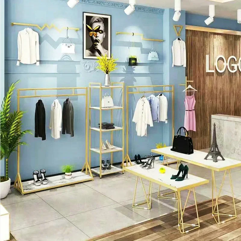 New Model Durable Floor Hanger Clothing Display Rack Reinforced Wrought Iron Clothing Shelf Women's Clothing Store Hanger