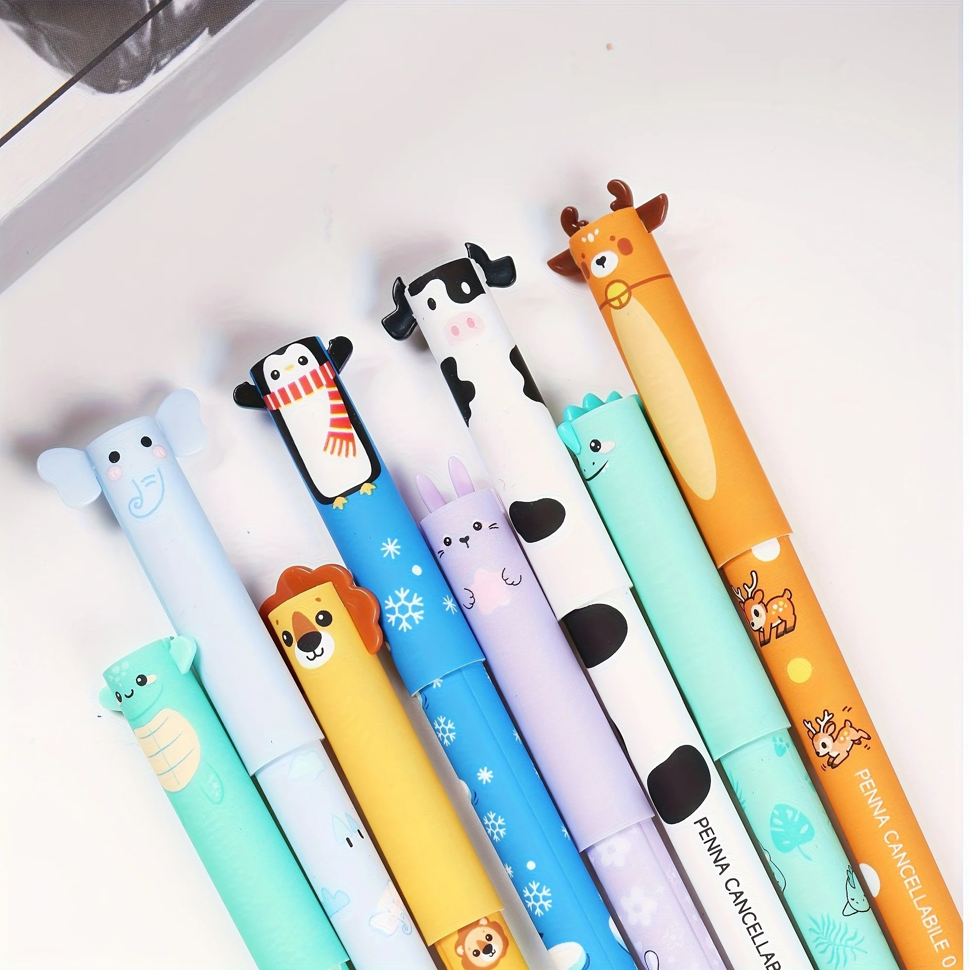 8pcs Erasable Colored Gel Pens 0.5mm Ballpoint Easy-to-Erase Animal Pattern Adorable Design Featuring Elephant Lion Rabbit A3238