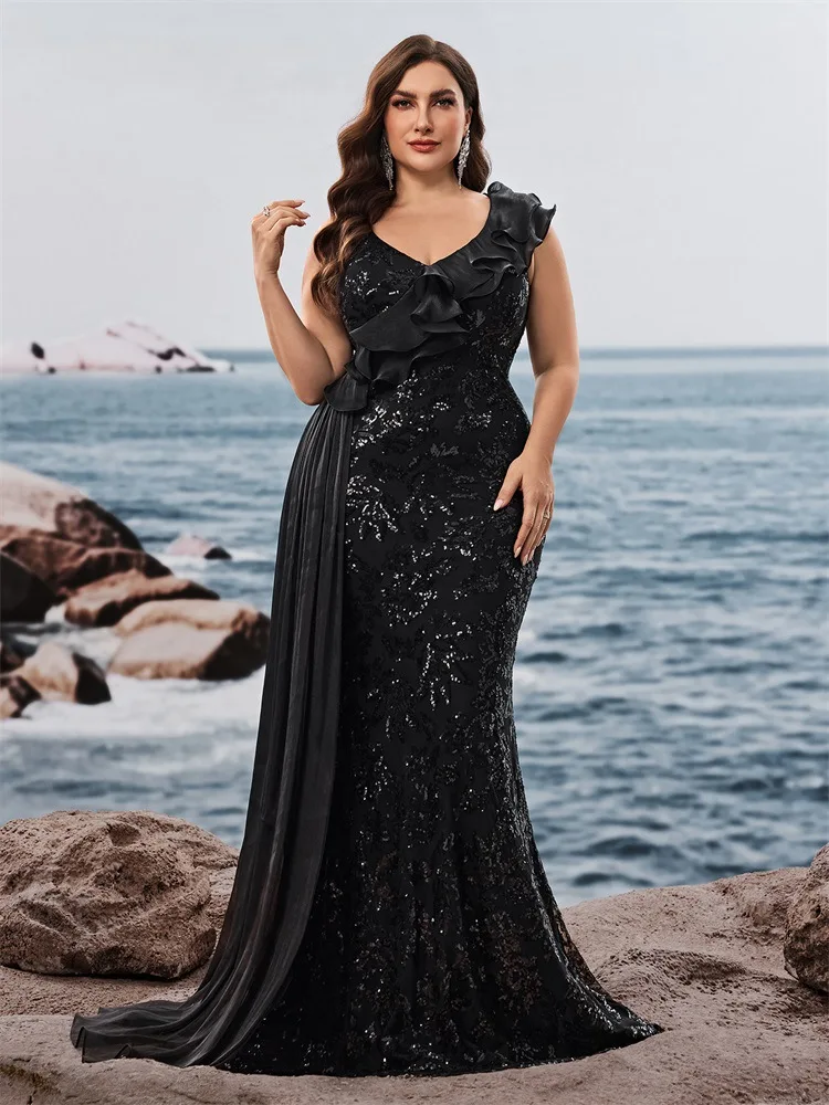 Middle East European and American plus Size Elegant Sequin Stitching Fit Ruffle Cocktail Party Dinner Dress Mom Dress