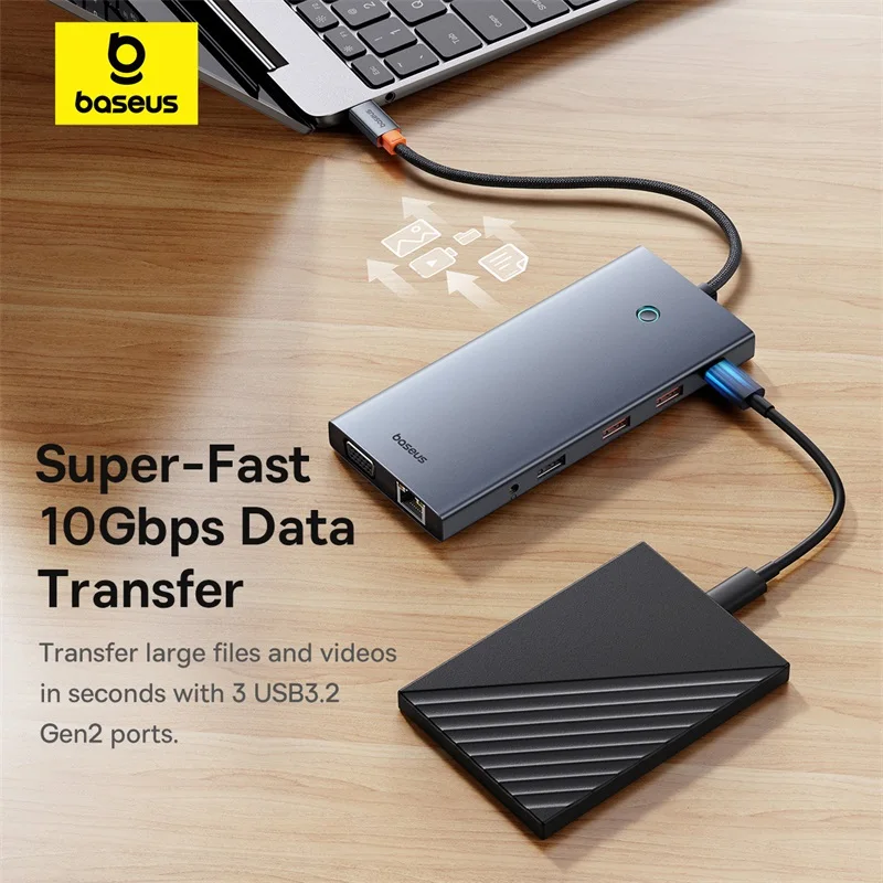 Baseus 13-w-1 USB C HUB z 2*HDMI, 1*DP 4K@60Hz, 1*VGA, adapter USB 3.2 z czterema wyjściami ekranowymi, RJ45, SD, TF, 3.5mm, PD 100W, hub Type C — zdjęcie produktu 5
