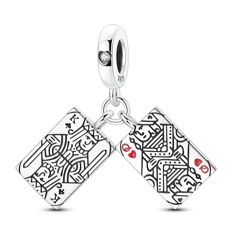 

925 Sterling Silver Charms Bead King of Spades and Queen of Hearts Dangle Fit Original Bracelet DIY Women Jewelry