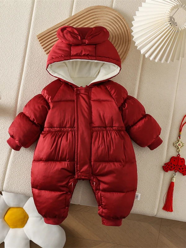 

Утепленный флисовый комбинезон для малышей на Новый год, детская одежда, милый, с длинным рукавом, с капюшоном, на молнии, однотонный