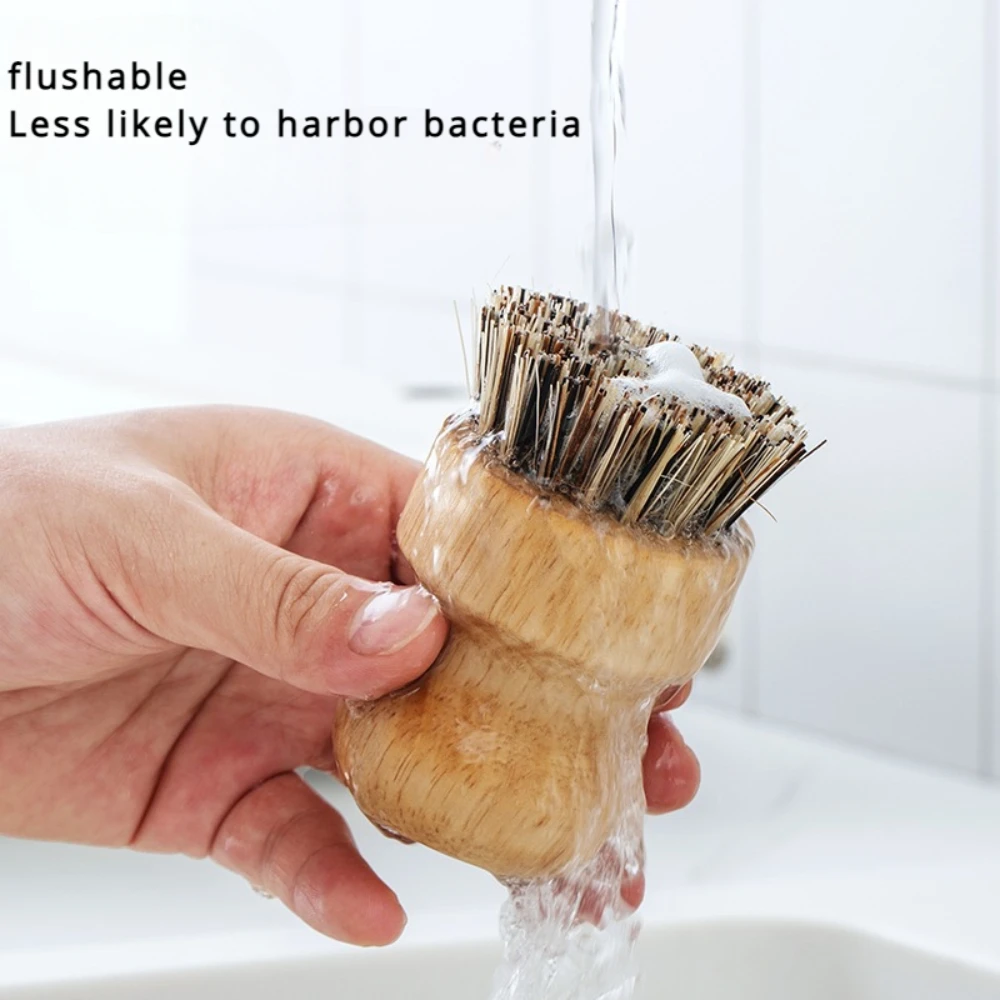 Palm Pot Brush Bamboo Round Mini Scrub Brush Natural Scrub Brush Wet Cleaning Scrubber for Wash Dishes Pots Pans Vegetable