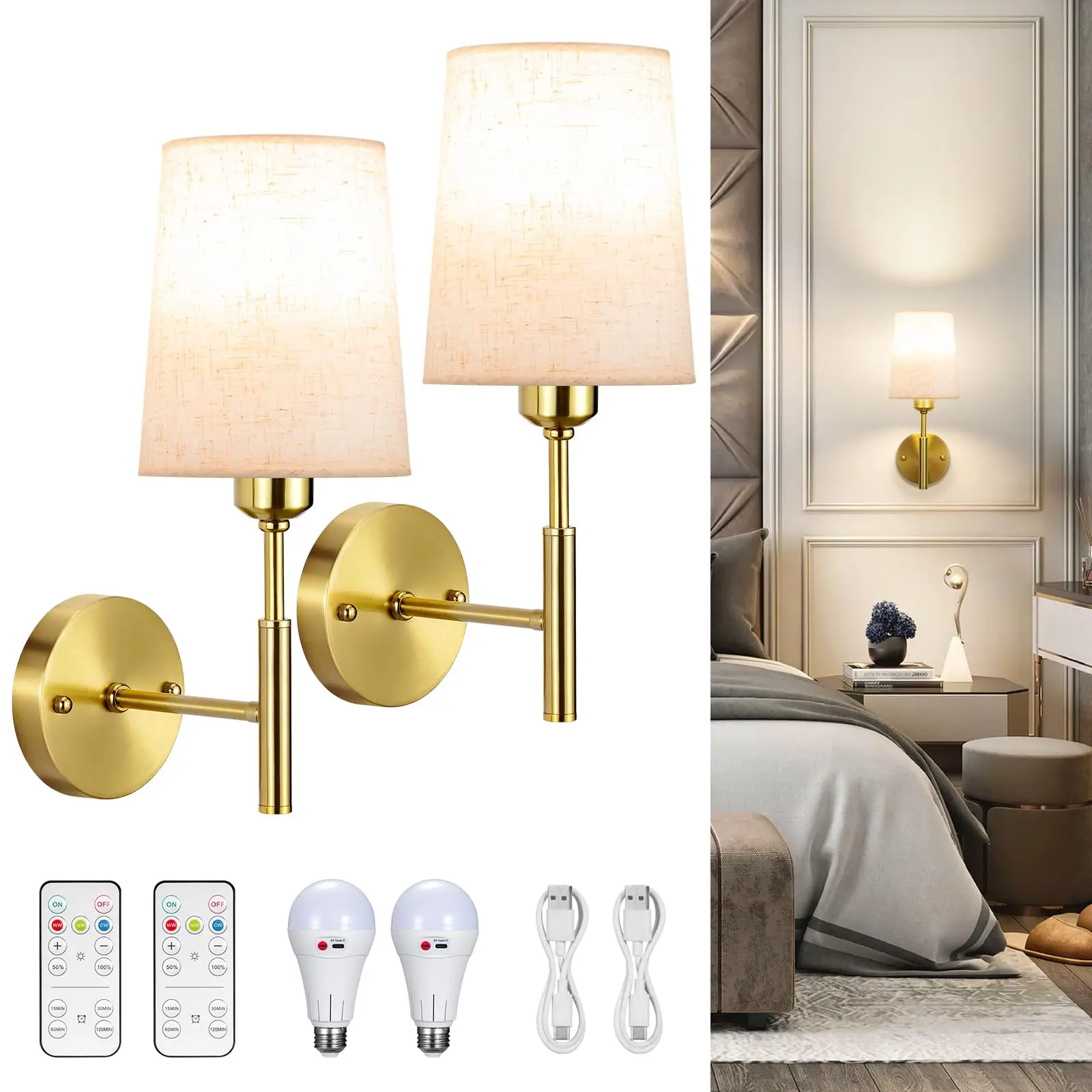 

Lined Wireless Wall Sconces Set of 2, Battery Operated Wall Sconce with Remote, Timer