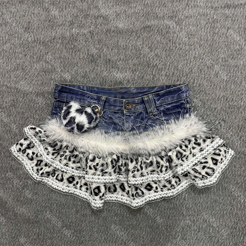 

Leopard Print Vintage Mini Women Faux Denim Skirt Y2K Fashion Punk Chic Lace Hip Hop Streetwear Gothic Hot Girl Rock Mini skirt