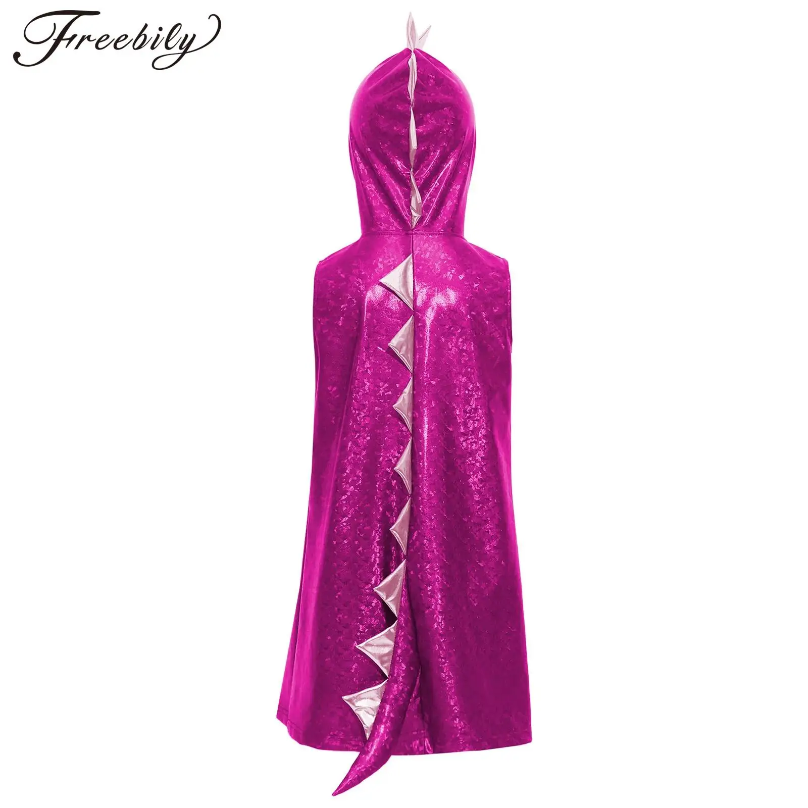 

Kids Girls Dinosaur Dress Theme Party Metallic Gloss Cosplay Costumes Sleeveless Hooded 3D Tail Design Dress