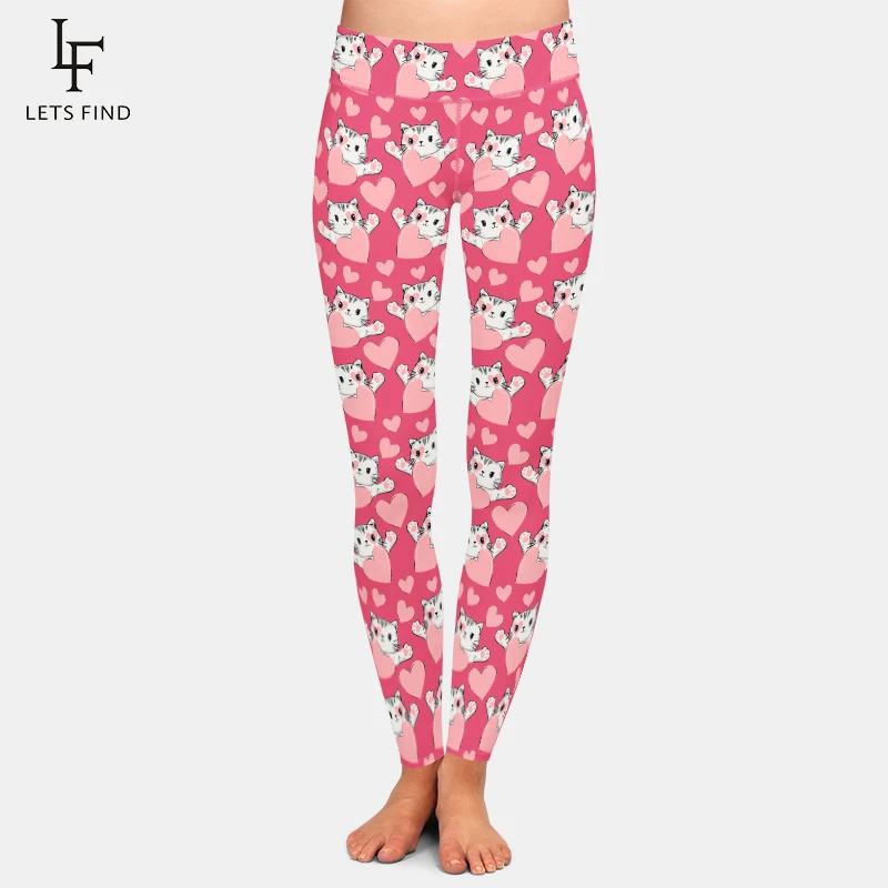 LETSFIND Mode Valentinstag Leggings Frauen Herz Print Leggins Hohe Qualität Hohe Elastizität 230gsm Milch Seide