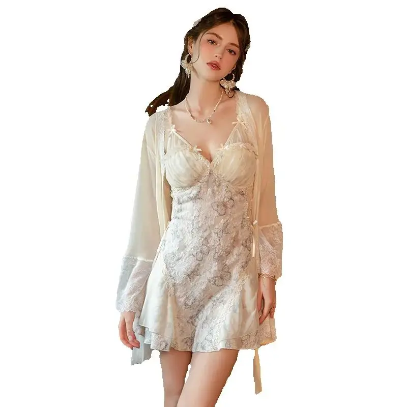 

Sexy Women Robe 2PCS Set Butterfly Print Mesh Chiffon Nightgown Outerwear Home Suit Spring Sleepwear Home Dress Loungewear