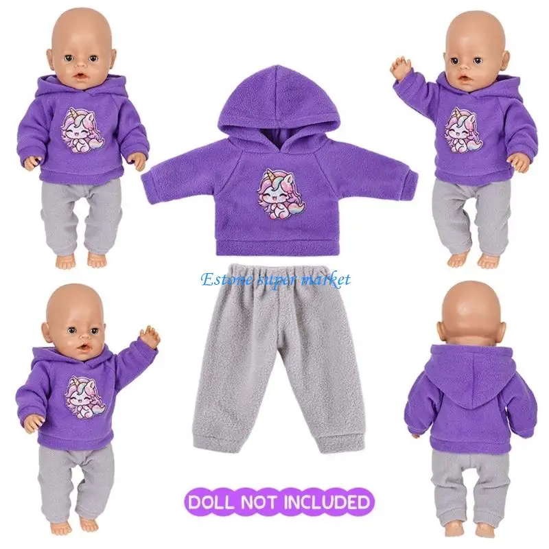 

090B Doll Hoodie Sweatershirt Pants Girl Doll Clothes Outfit Set with Cartoon Pattern for Toddler Reborns Doll Accessories