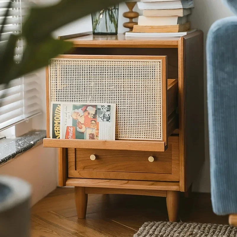 Custom-made solid wood bedside table Japanese rattan logs Modern national small size ultra-narrow cabinet bedroom simple