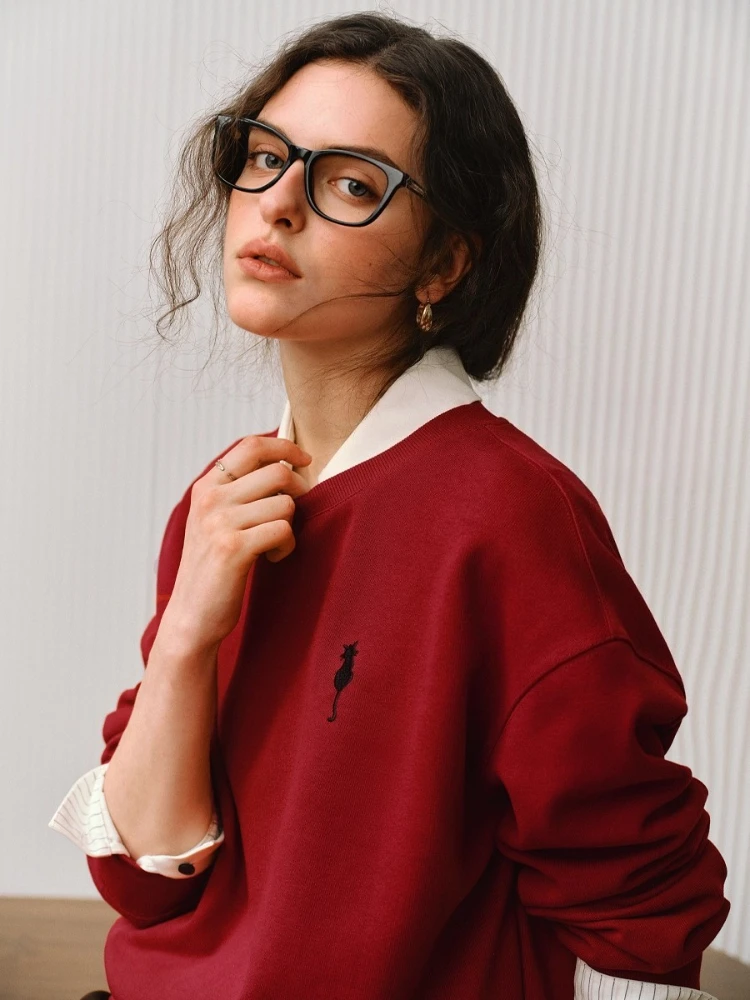 OLrain Women's Red Sweatshirts 2025 Autumn Casual Loose Shoulder Sleeves O-neck Sweater Embroidered Knit Pullovers O57QR001102