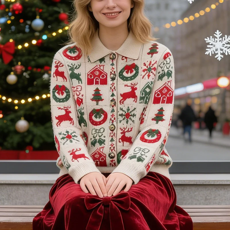Short Christmas Jacquard Knit Cardigan For Women Polo Collar With Reindeer And Christmas Tree Autumn And Winter Casual Jacket
