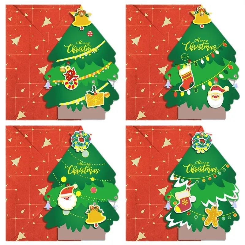 

4pcs/Set Merry Christmas Greeting Card Christmas Tree Wishing Diy Handmade 3D Card with Envelope 2025 New Year Gift