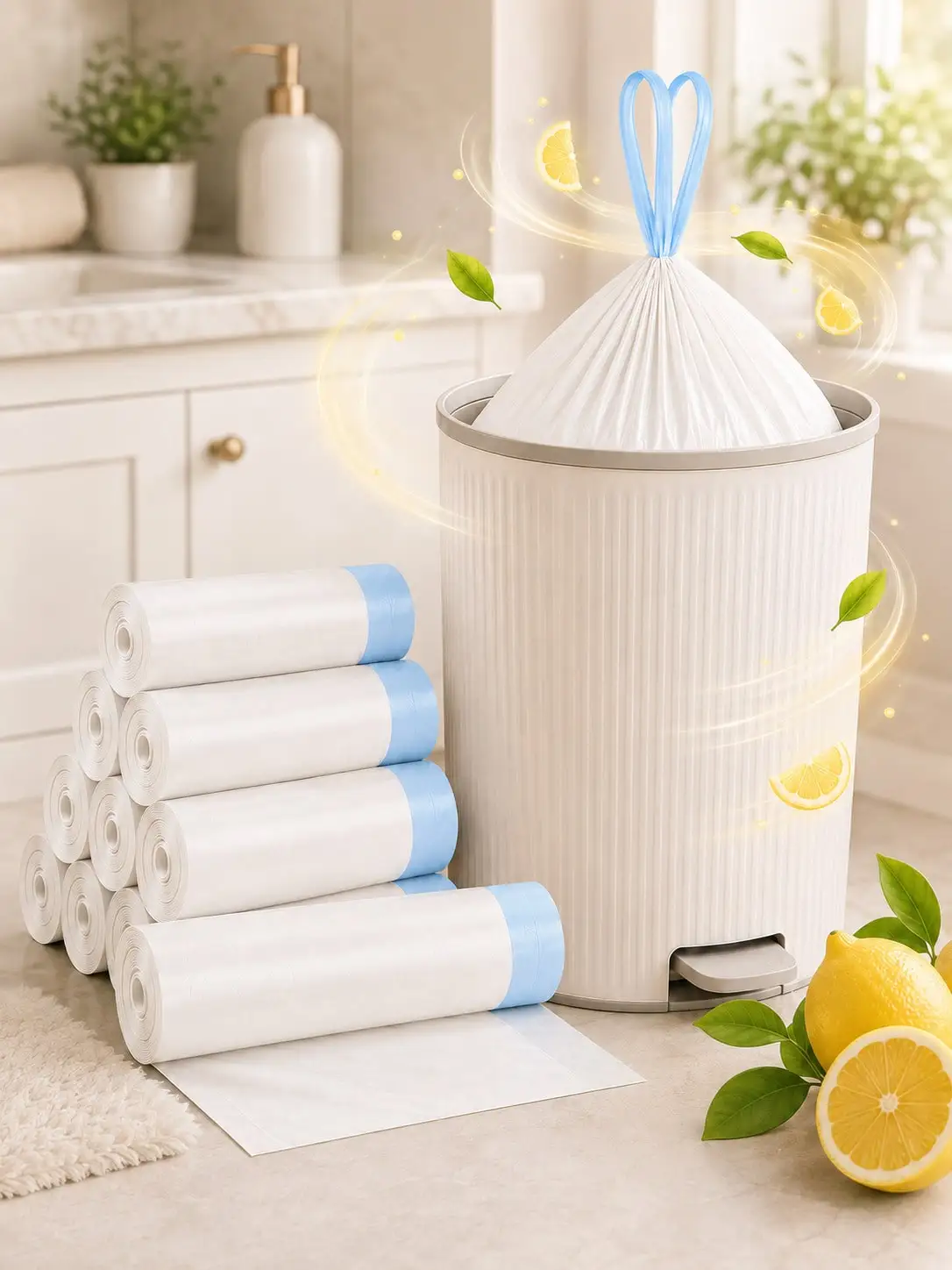 50-100pcs Scented No Tearing Needed White Trash Bags With Blue Drawstrings, 4–5 Gallon Garbage Liners, Heavy Duty Leak-Resistant Strong Durable Kitchen Bathroom Household Waste Bags, Easy Pull Tight Seal Bin Liners SH260810135284849132865