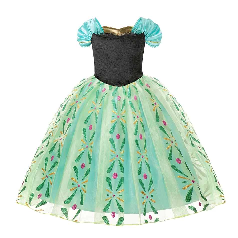 Disney Frozen Princess Anna Dress Girls Vestidos Party Birthday Clothing Kids Wig Crown Gloves Halloween Cosplay Costume